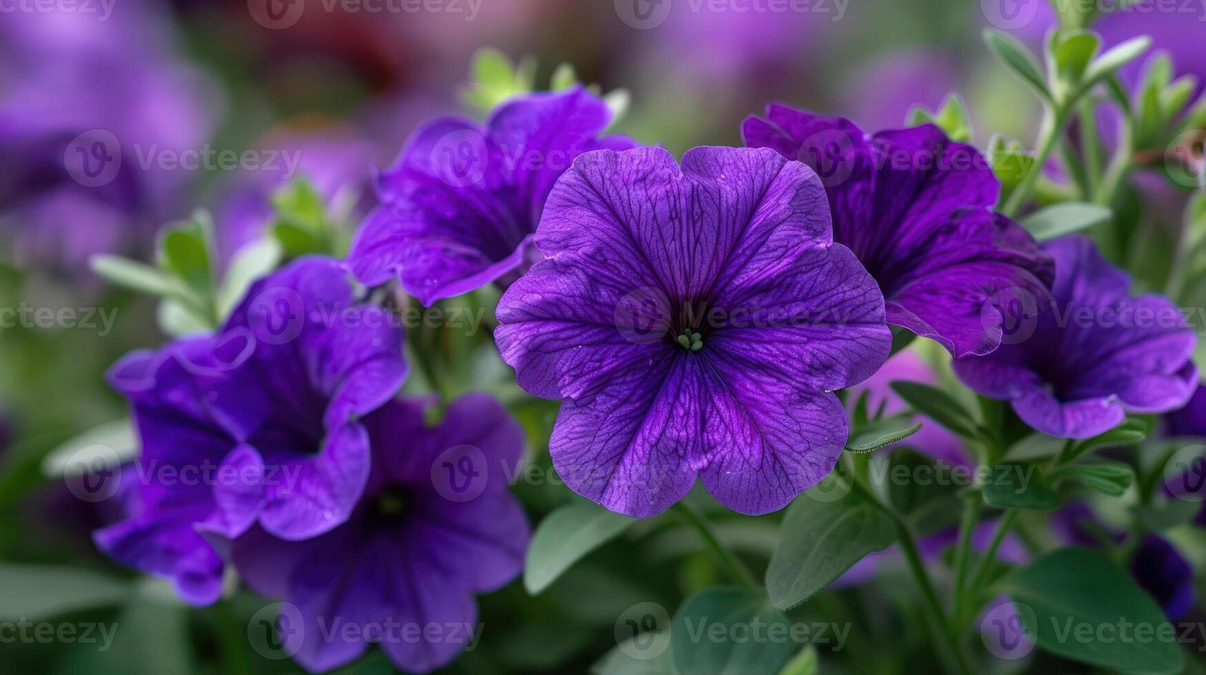 Close-up of vibrant purple petunias in full bloom, with soft focus on background. photo