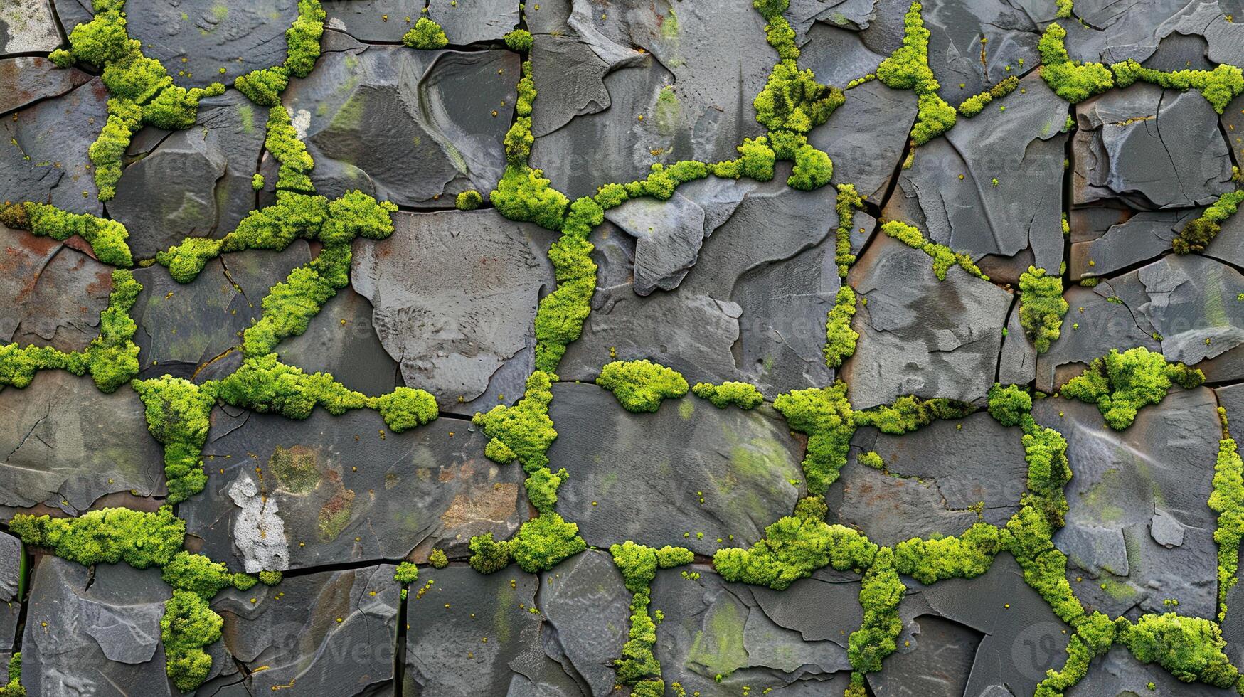 Close-up of a stone wall covered in moss, showing the natural beauty of nature reclaiming man-made structures. photo