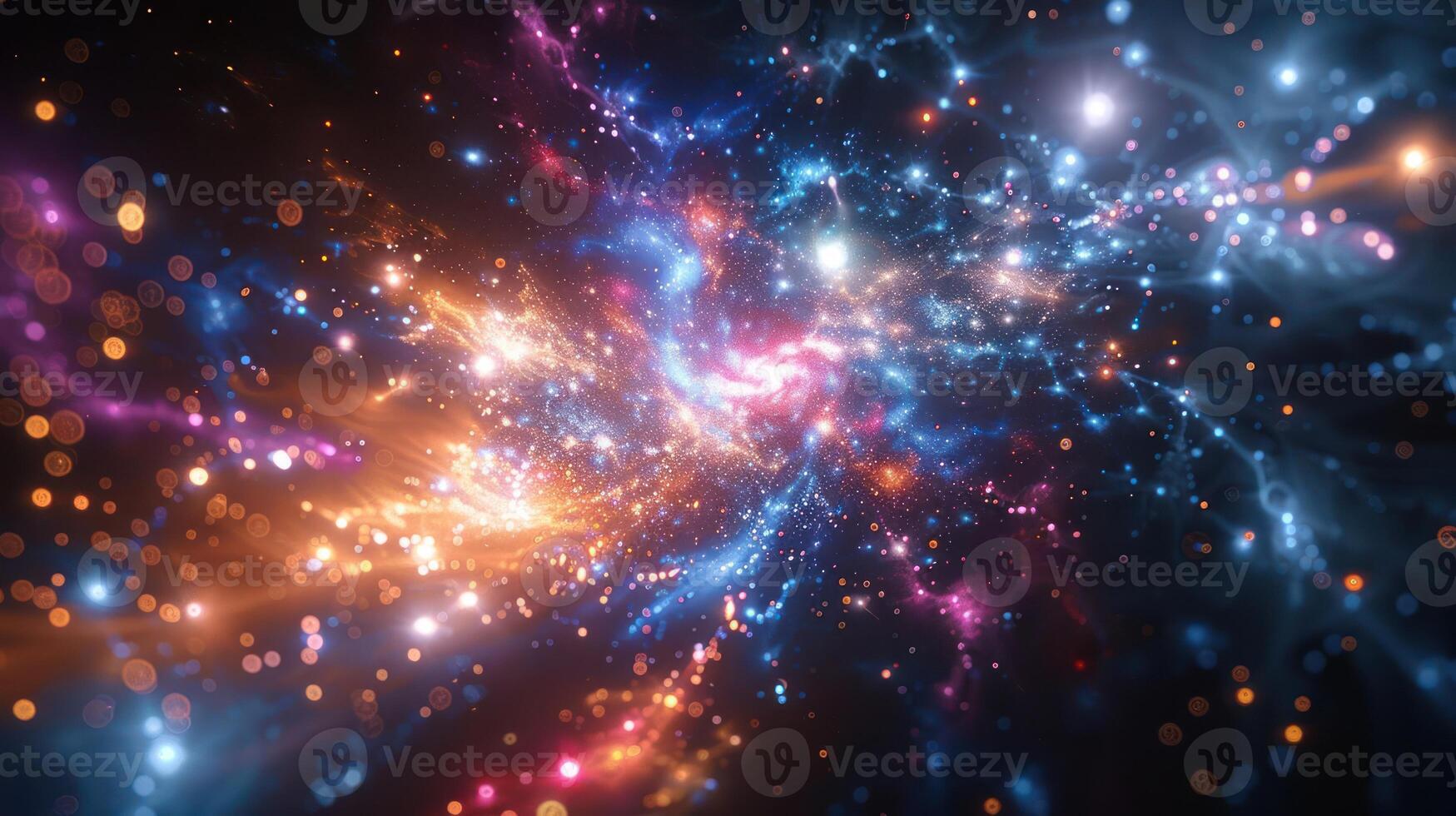 Abstract swirling nebula with vibrant colors and sparkling lights against a dark background. photo