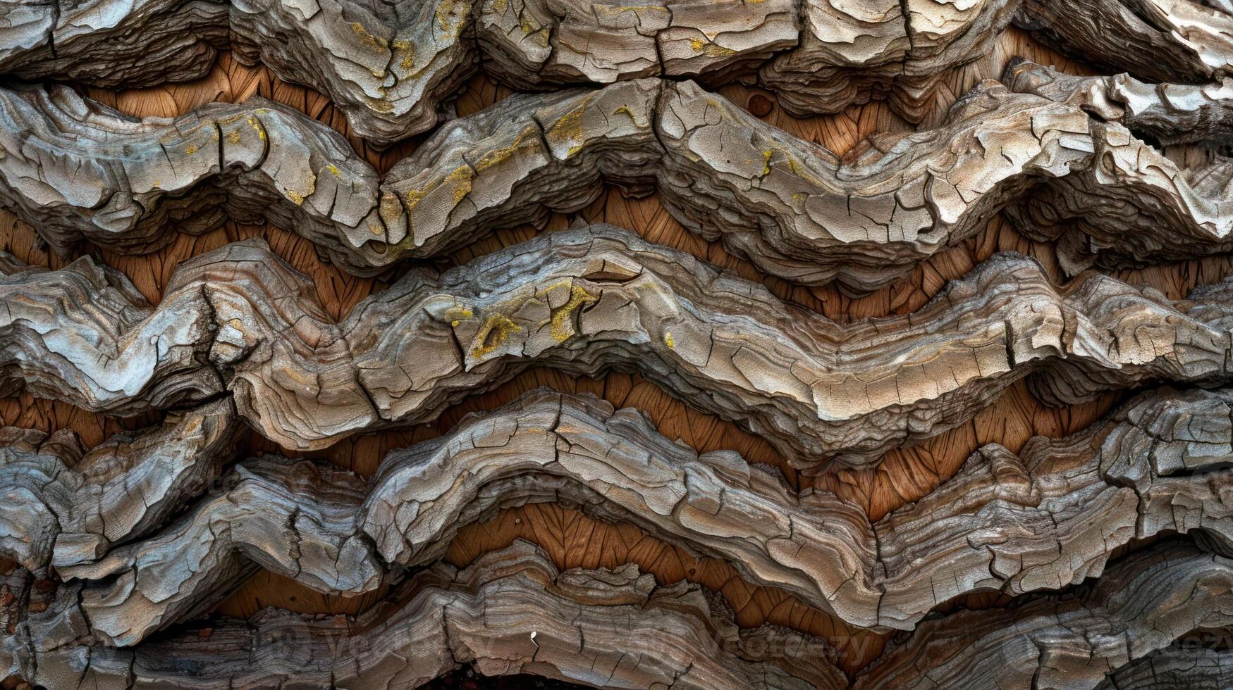Closeup of wavy, cracked bark on a tree trunk. photo