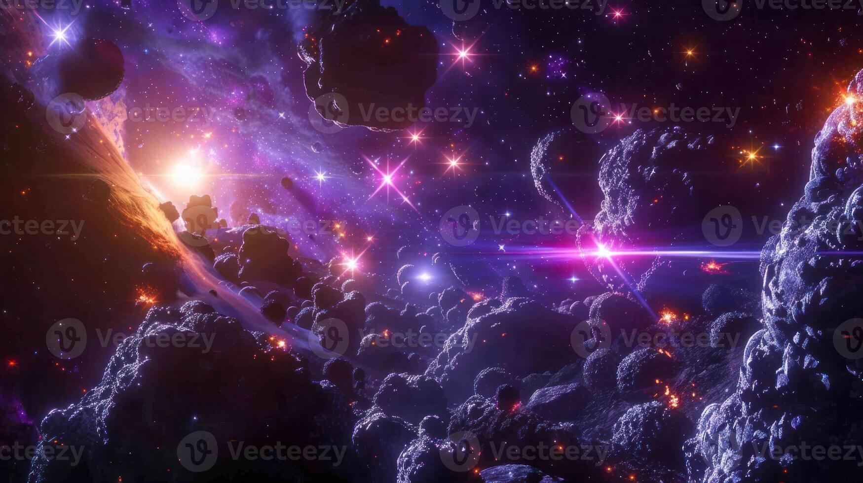A vibrant, colorful nebula with scattered stars, glowing gas, and asteroid field. photo