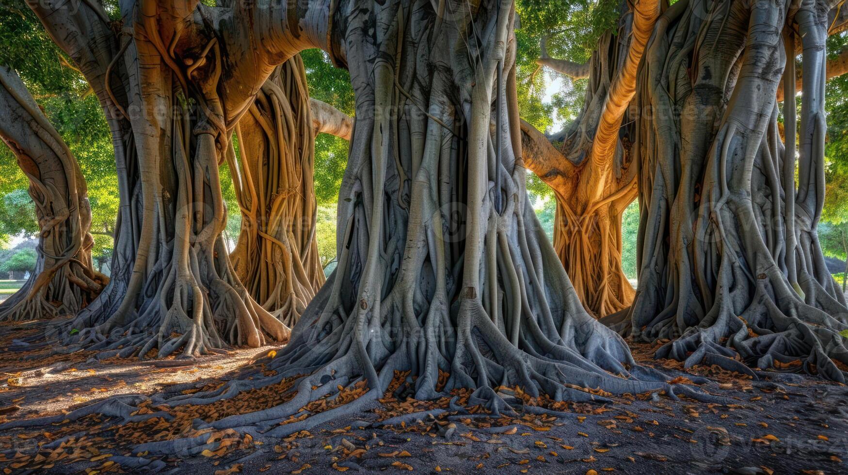 A group of ancient banyan trees with intricate roots and trunks reaching towards the sky. photo