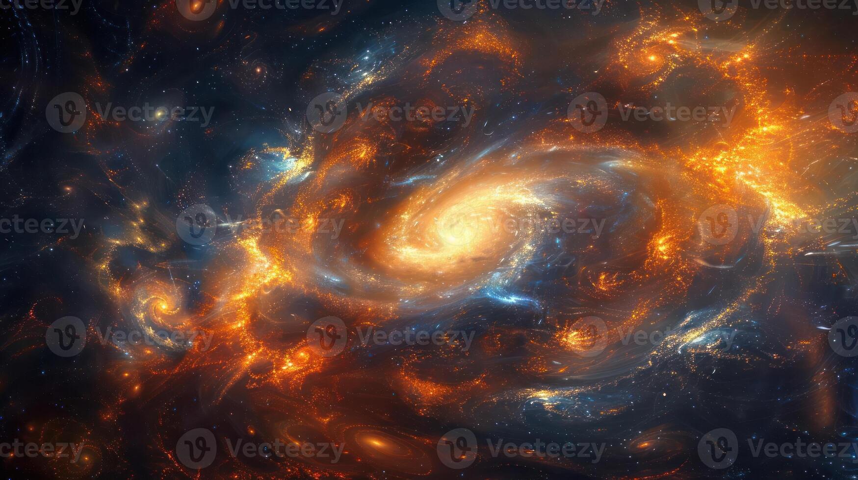 A swirling nebula of fiery orange and blue gas with a bright core, against a dark background of space. photo