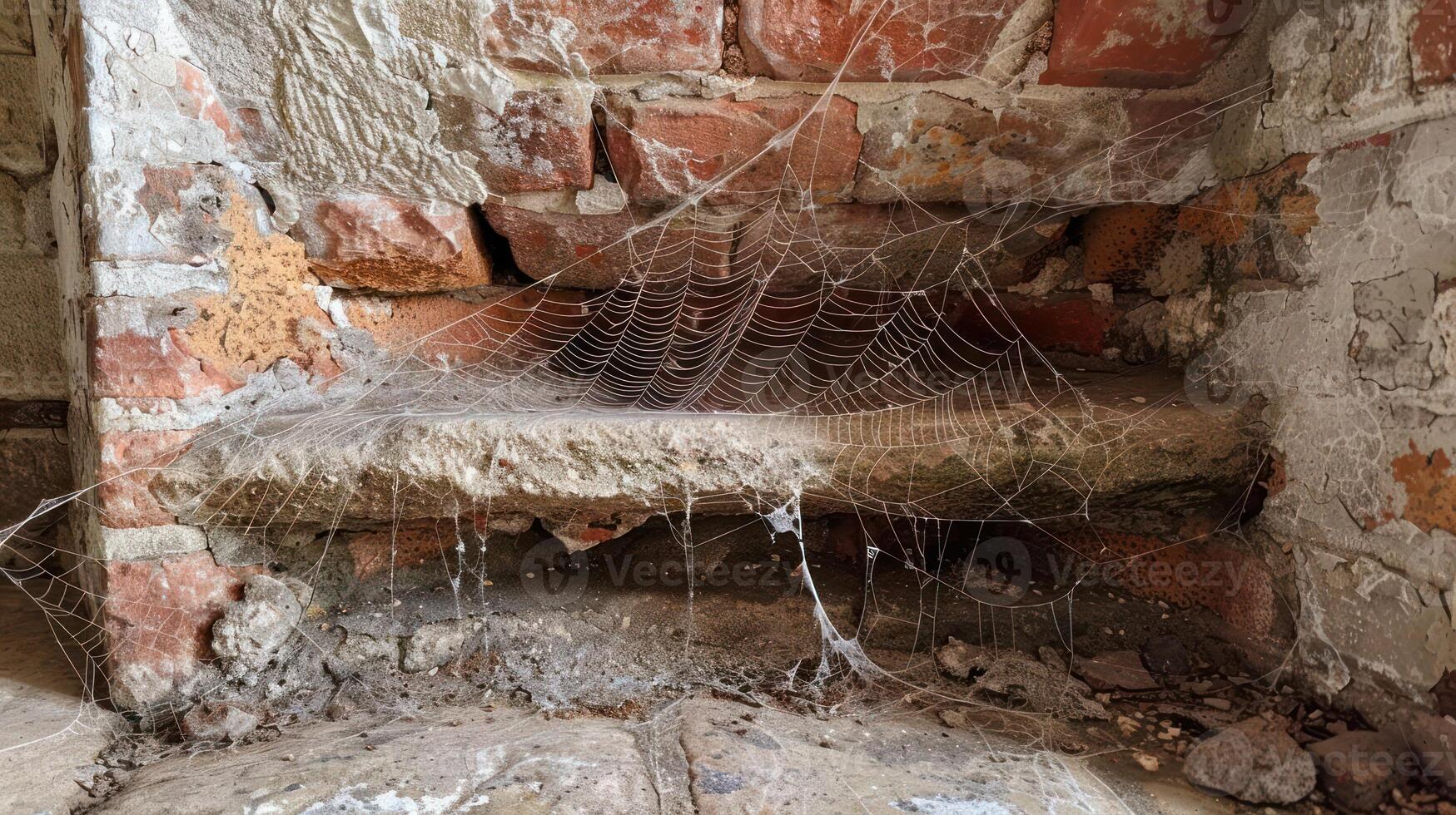 A large spider web is spun across the corner of a brick wall. photo