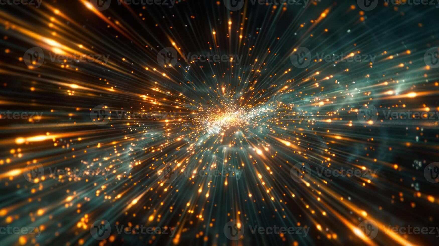 Abstract background of bright light streaks and particles exploding outwards from a central point on a dark background. photo