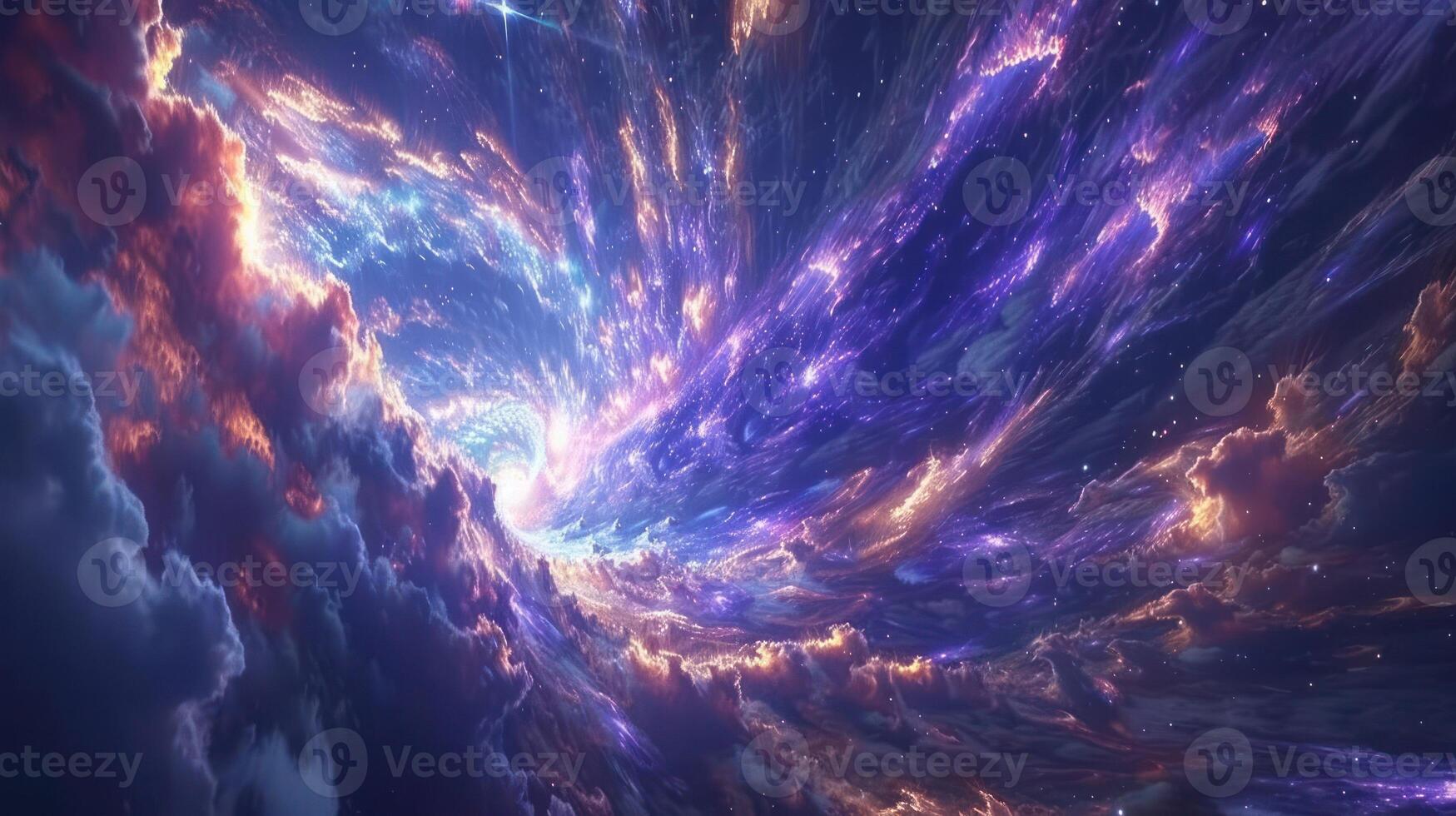 Abstract cosmic swirl of clouds with glowing light and stars. photo