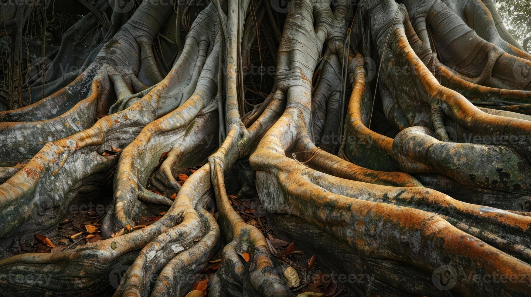 A close-up of large, gnarled tree roots, showing the intricate pattern of nature. photo