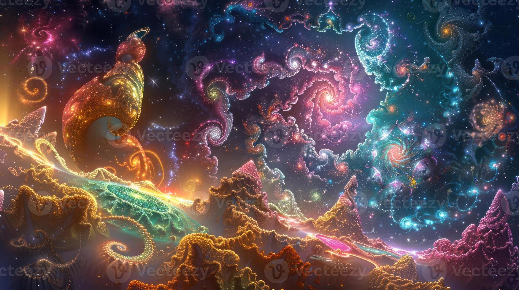 Abstract cosmic landscape with swirling galaxies and nebulae in vibrant colors. photo
