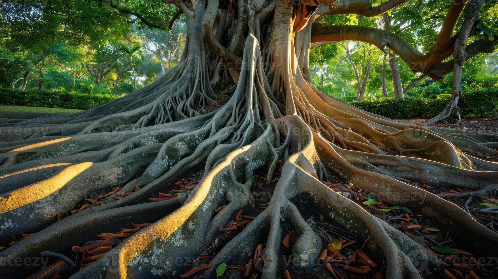 A close-up view of the intricate root system of a large tree, showcasing the strength and beauty of nature. The roots spread out like a network of veins, connecting the tree to the earth. Sunlight filters through the leaves, casting shadows on the ground. photo