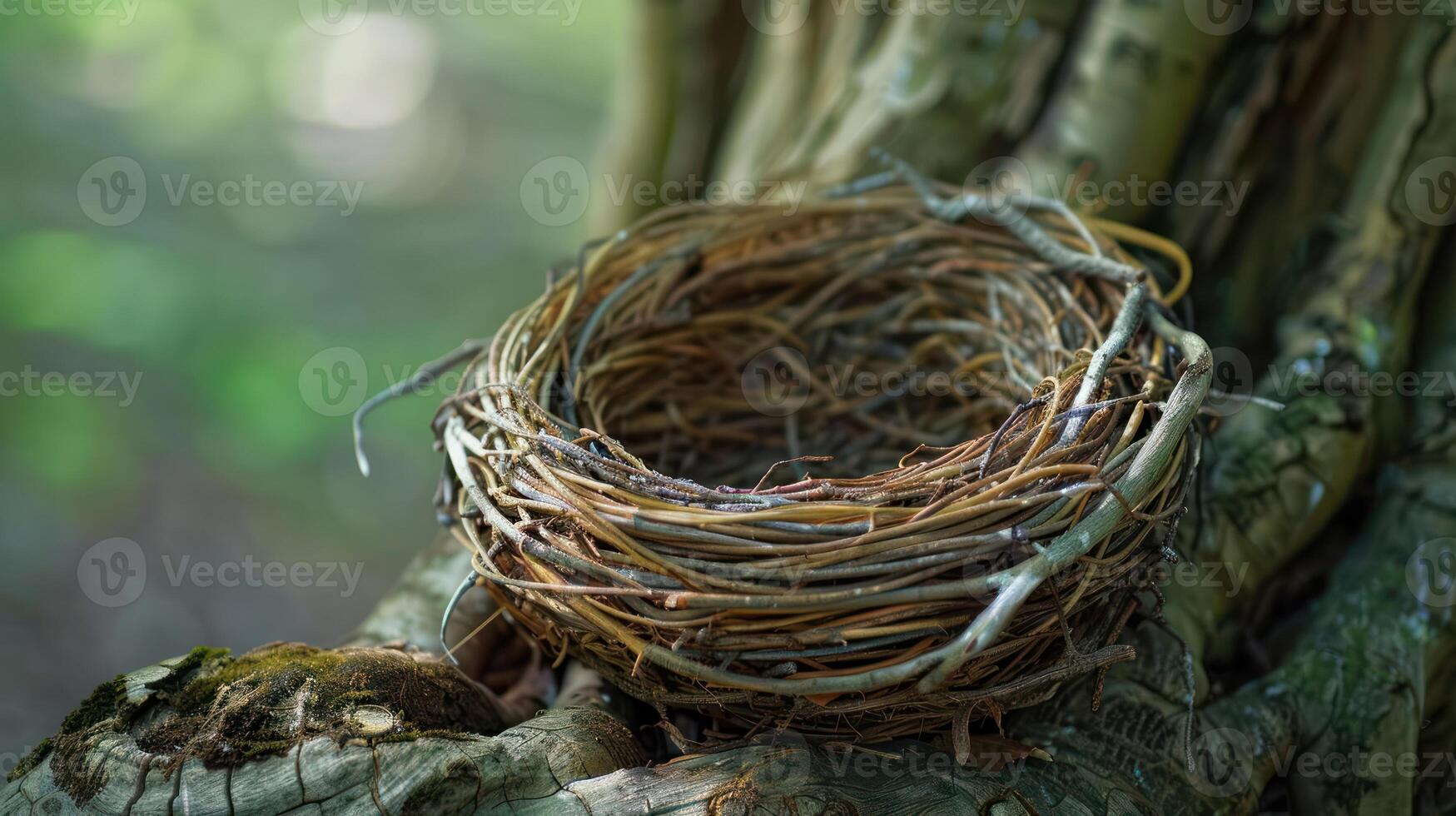 A woven bird nest sits empty in a tree, awaiting its occupants. photo