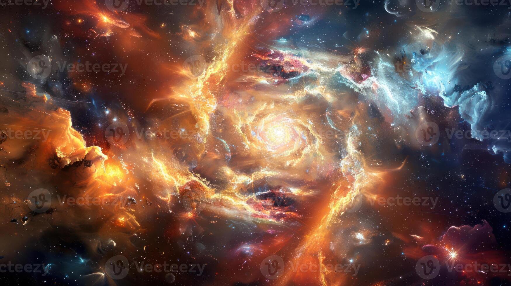 A swirling nebula in space with bright orange, red, and blue clouds and a central star. photo