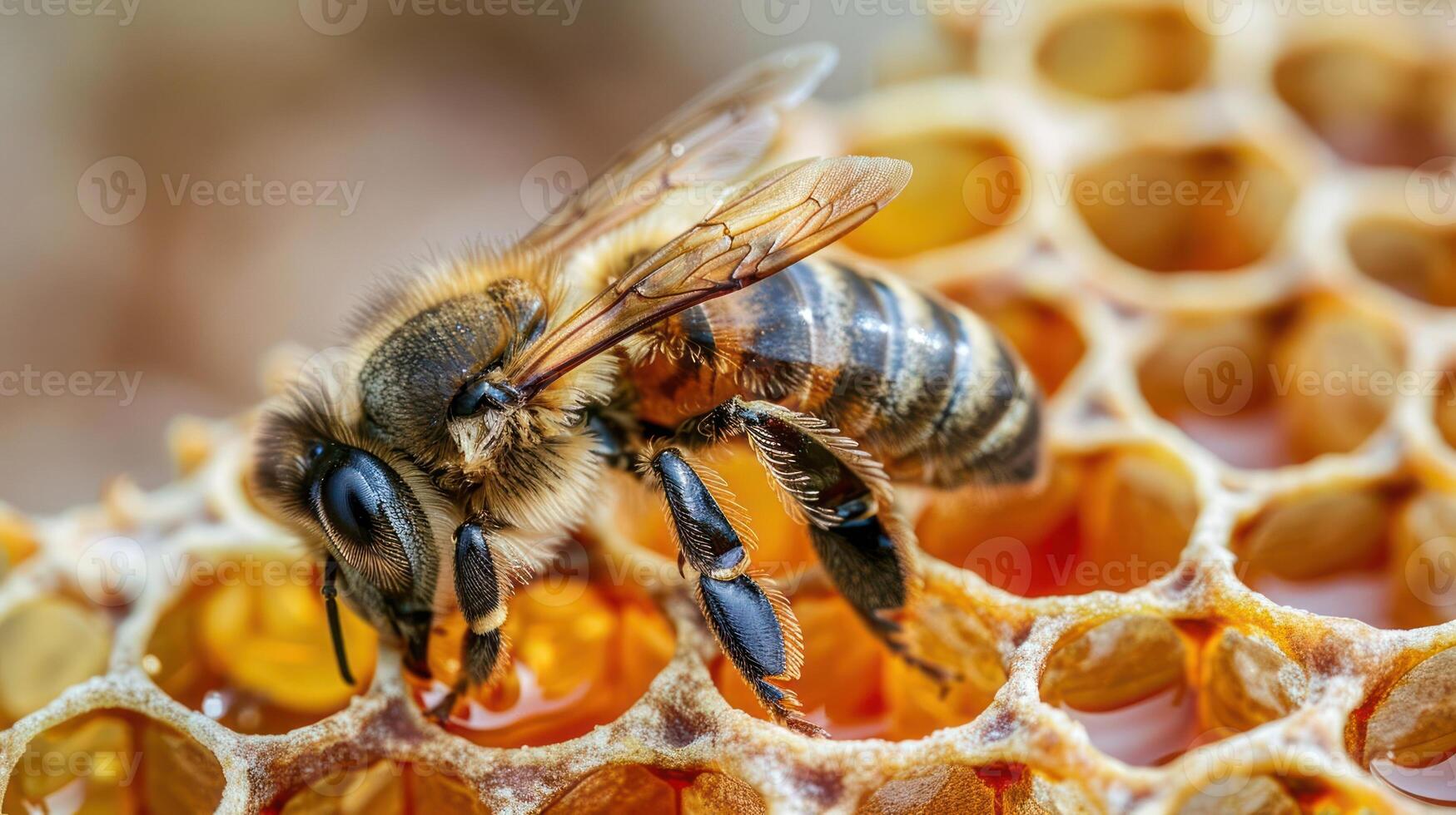 Close-up of a honeybee on a honeycomb, collecting nectar. photo