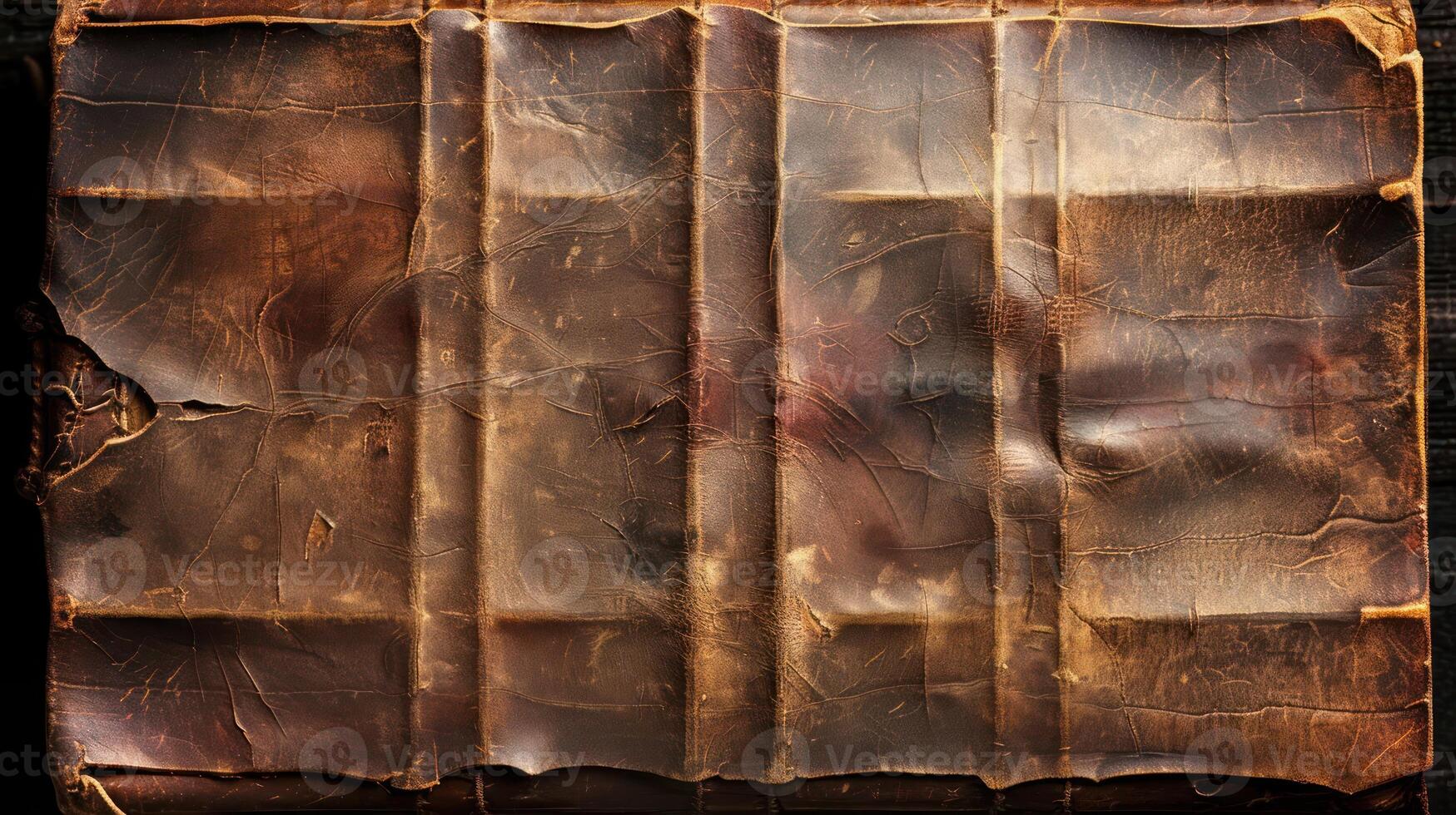 Close-up of an aged leather-bound book with visible wear and tear, showcasing its history and character. photo