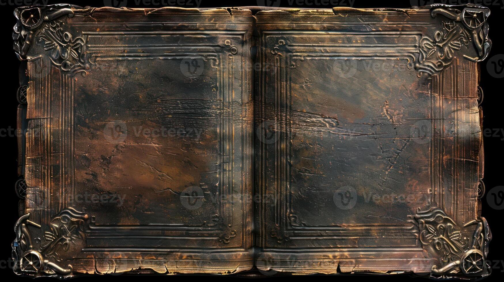 Open aged leather bound book with decorative corners and a distressed, textured, surface. photo