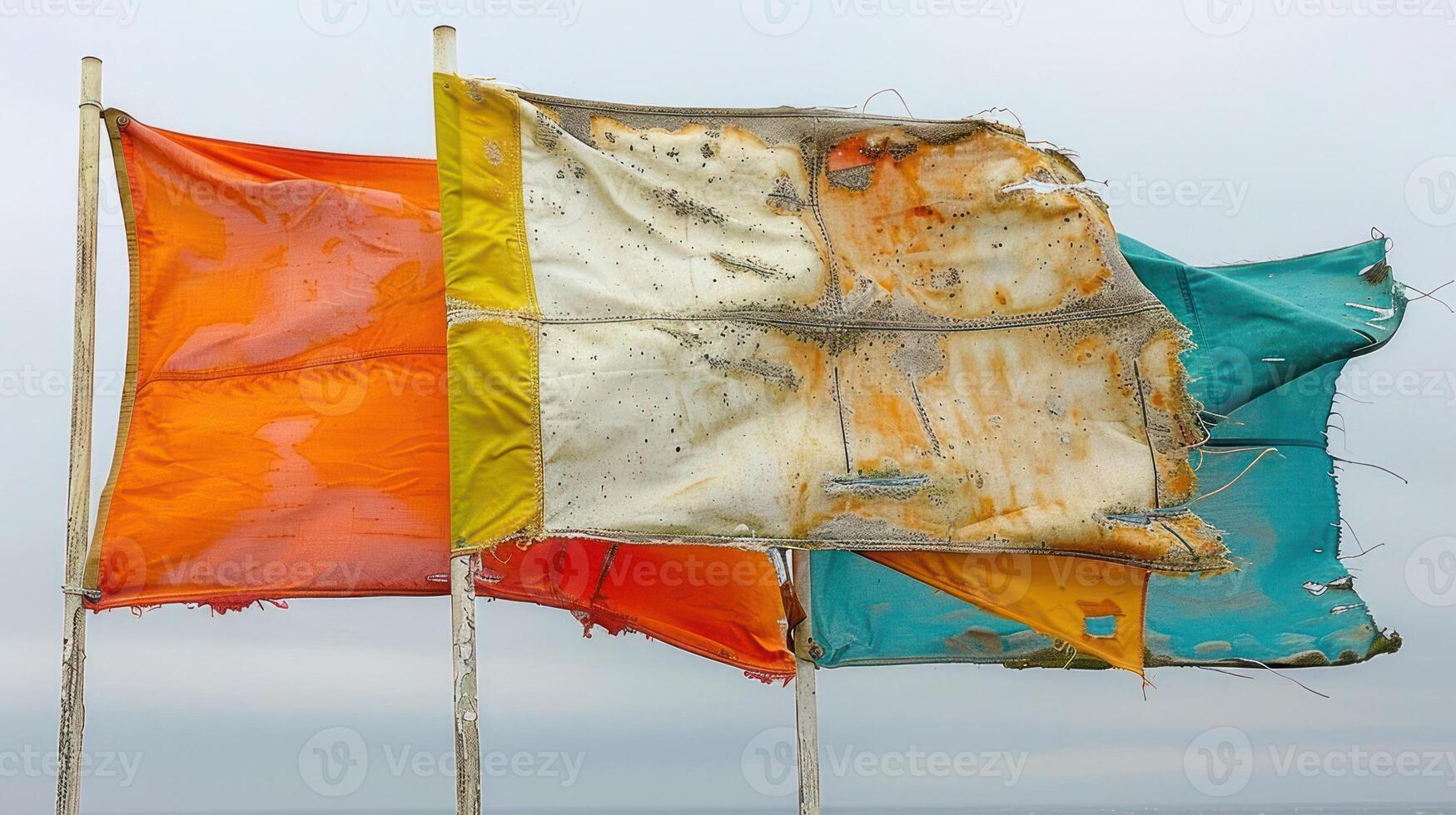 Three weathered flags flutter in the wind, their colors faded and torn, symbolizing the passage of time and the resilience of nature. photo