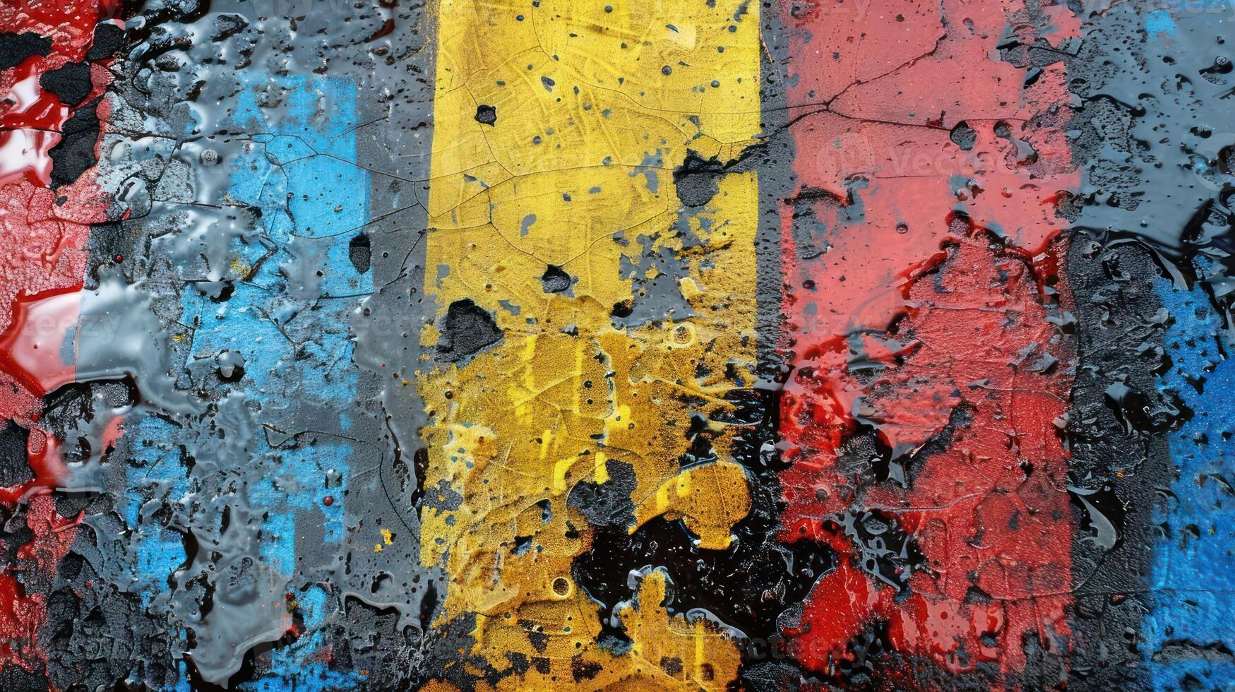 Abstract texture with yellow, blue, red, and black paint stripes on a cracked asphalt surface. photo