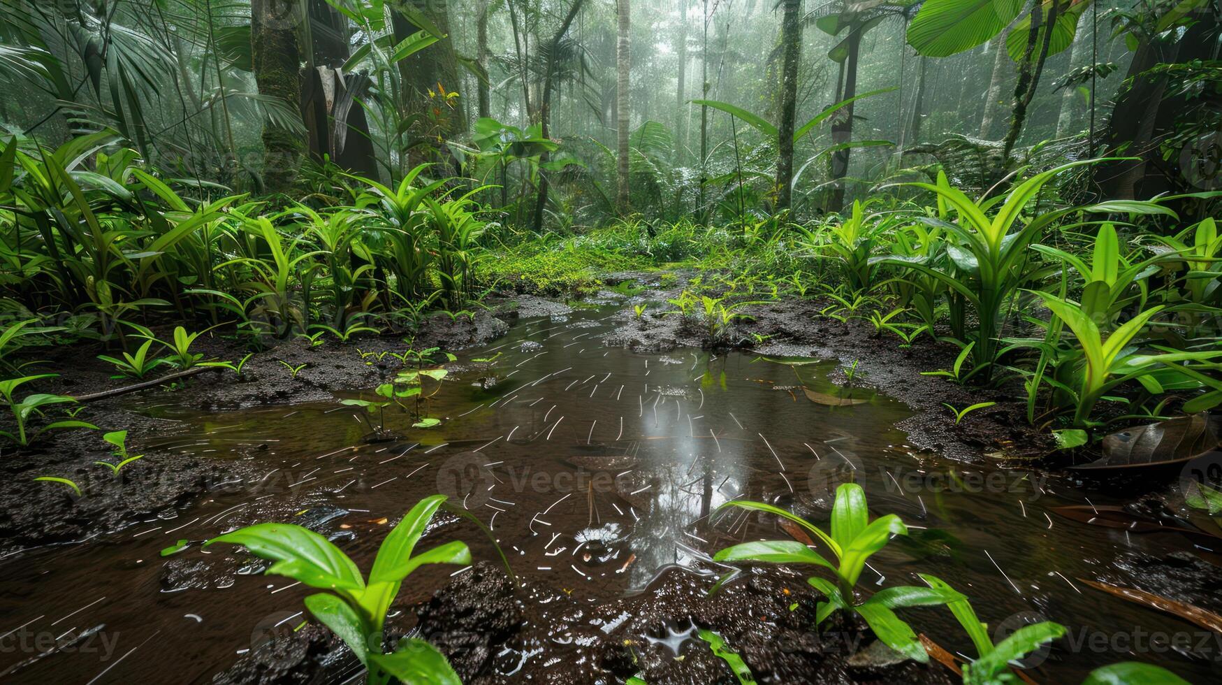 A muddy path winds through a lush rainforest, with puddles reflecting the misty sky. photo