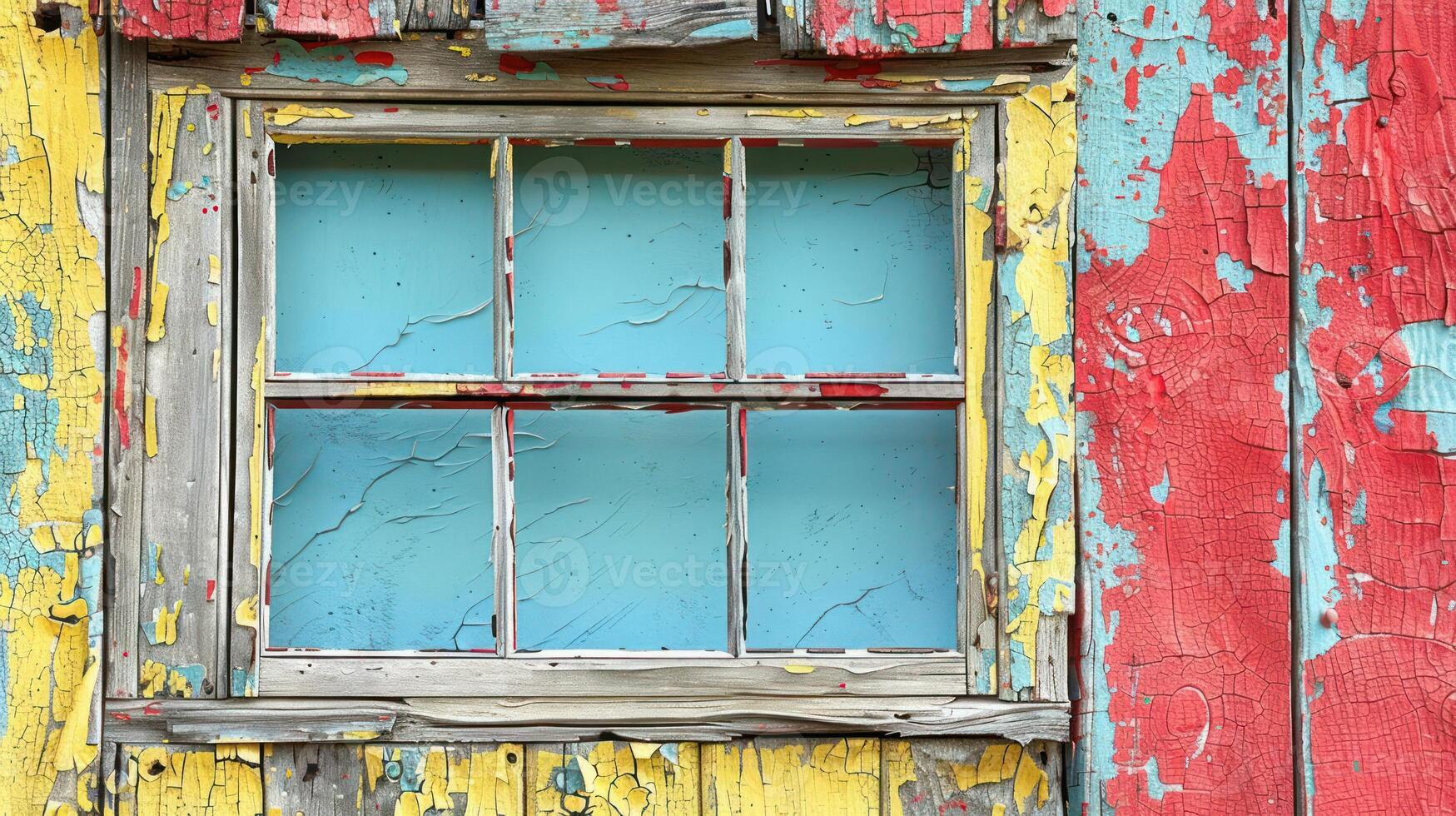 A weathered window with peeling paint in various shades of red, yellow, and blue. photo