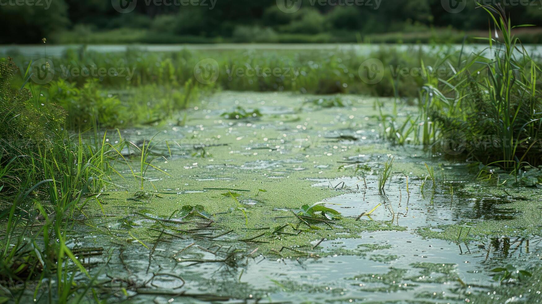 A still, green pond, with patches of duckweed and grasses lining the edge, with a blurry forest in the background. photo