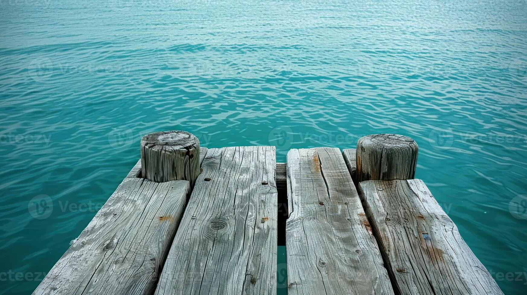 A wooden dock extends over calm turquoise water, creating a sense of tranquility and anticipation. photo