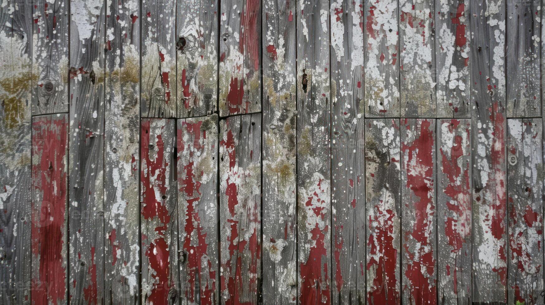 Weathered red and gray wooden planks with peeling paint. photo