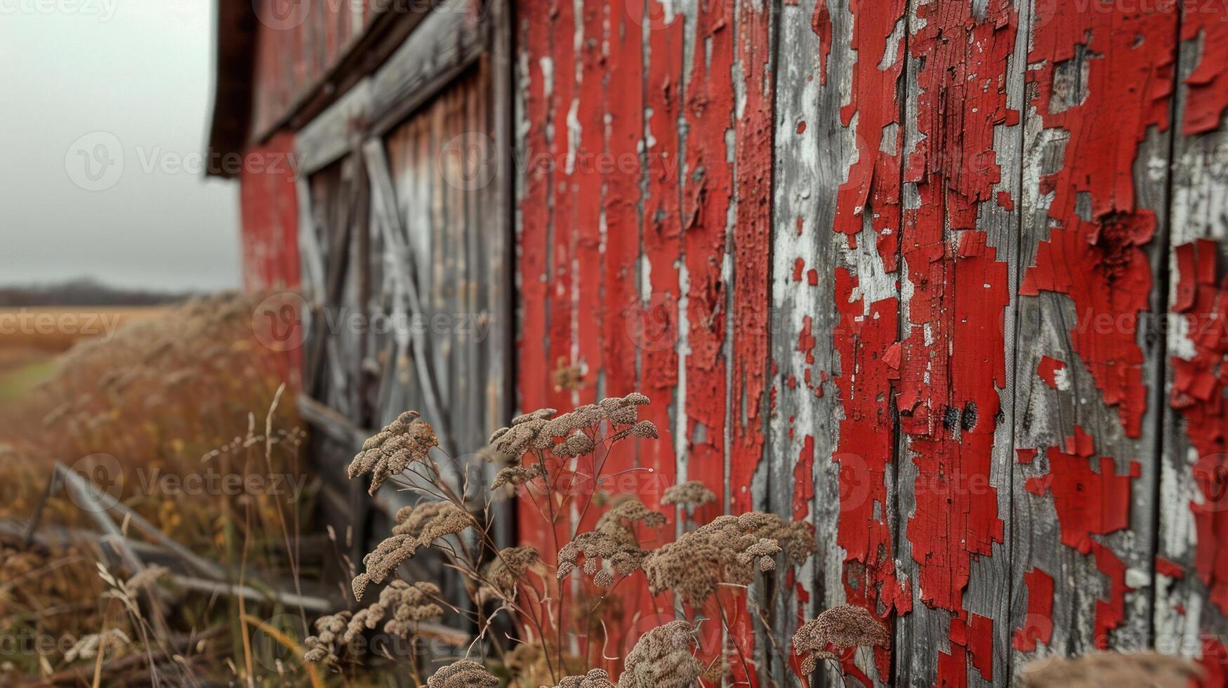 A weathered red barn with peeling paint stands in a field of tall grass. photo