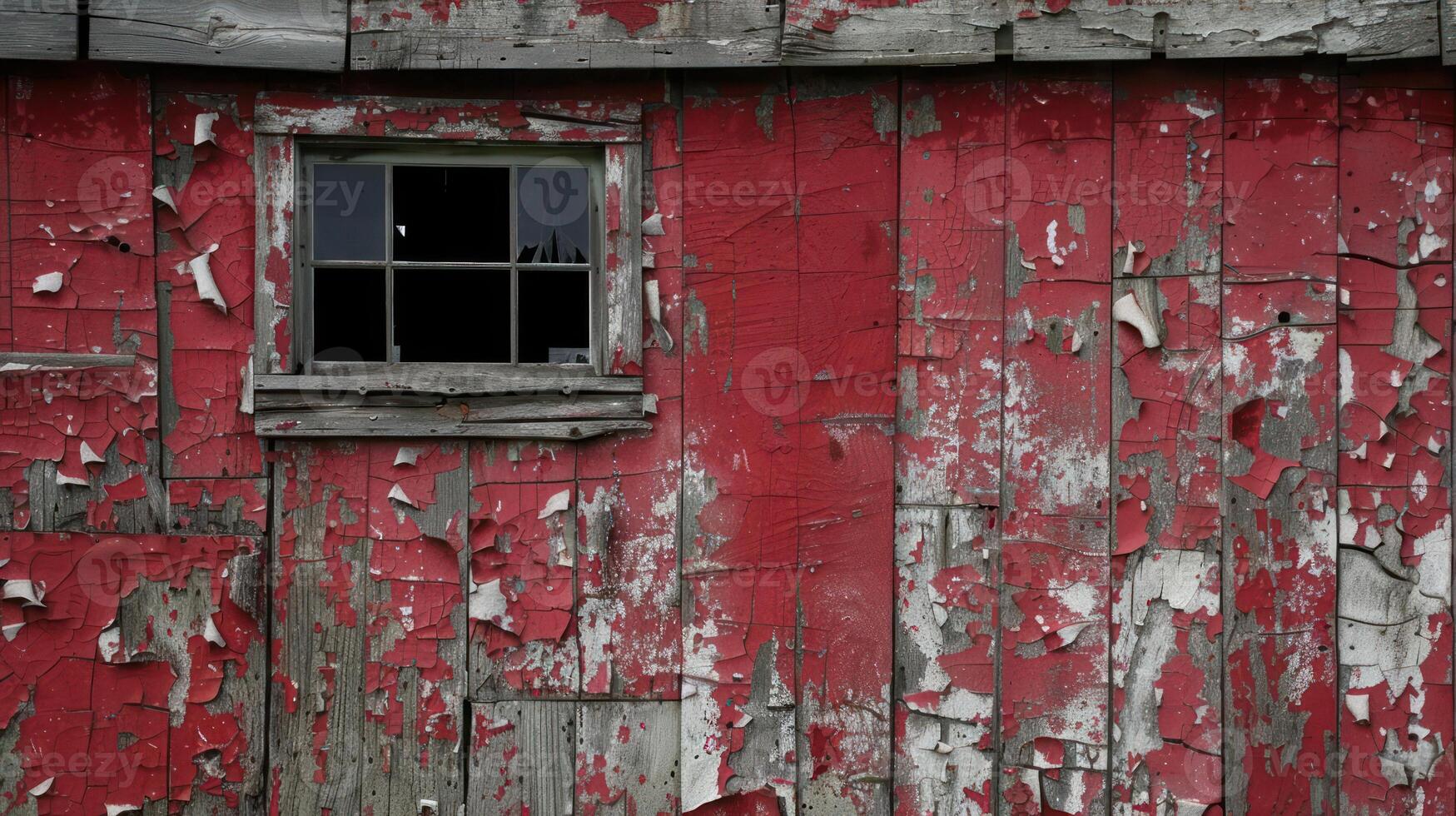 A weathered red wooden wall with peeling paint and a small window. photo