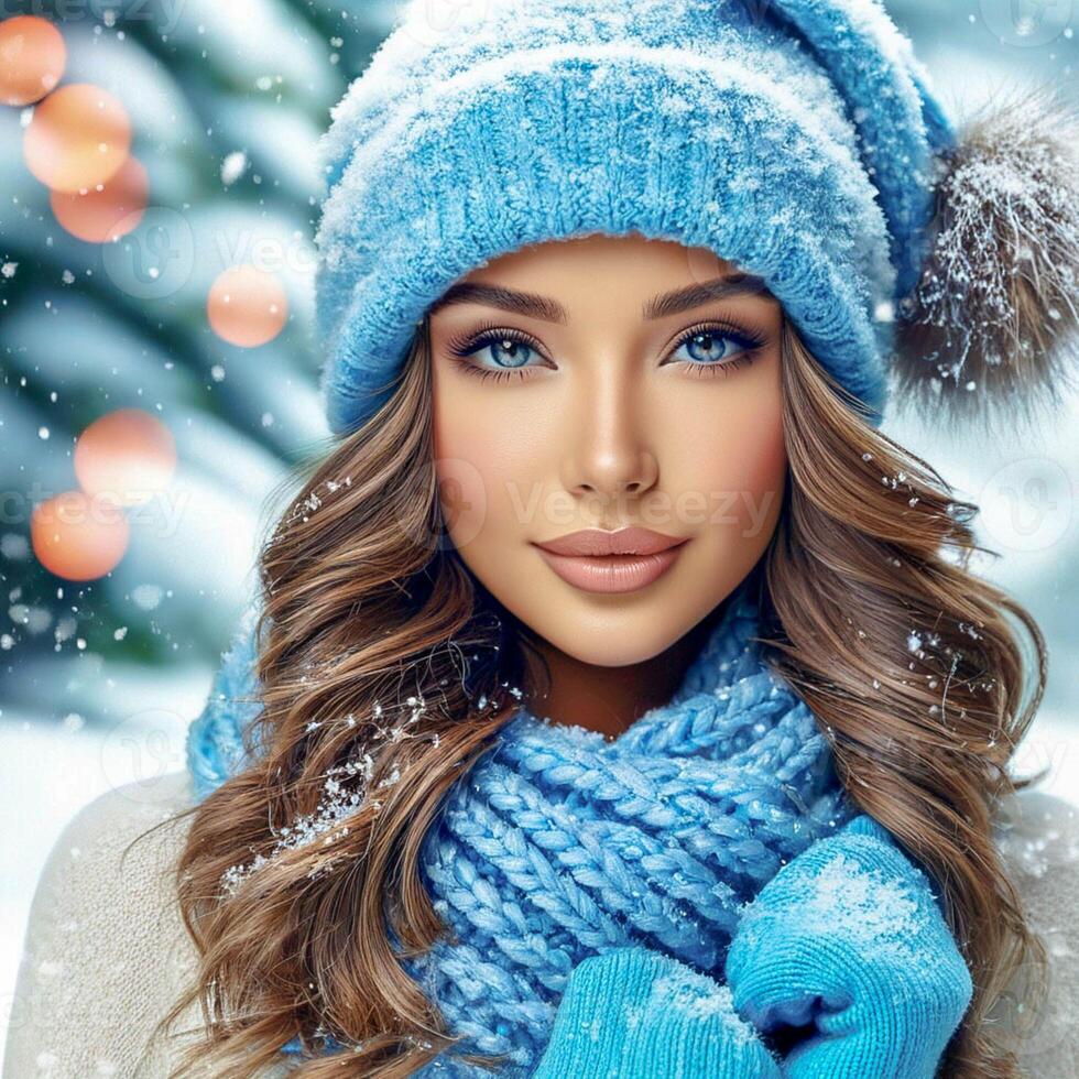 Snow Day Serenity Woman in Blue Hat with Falling Snowflakes photo