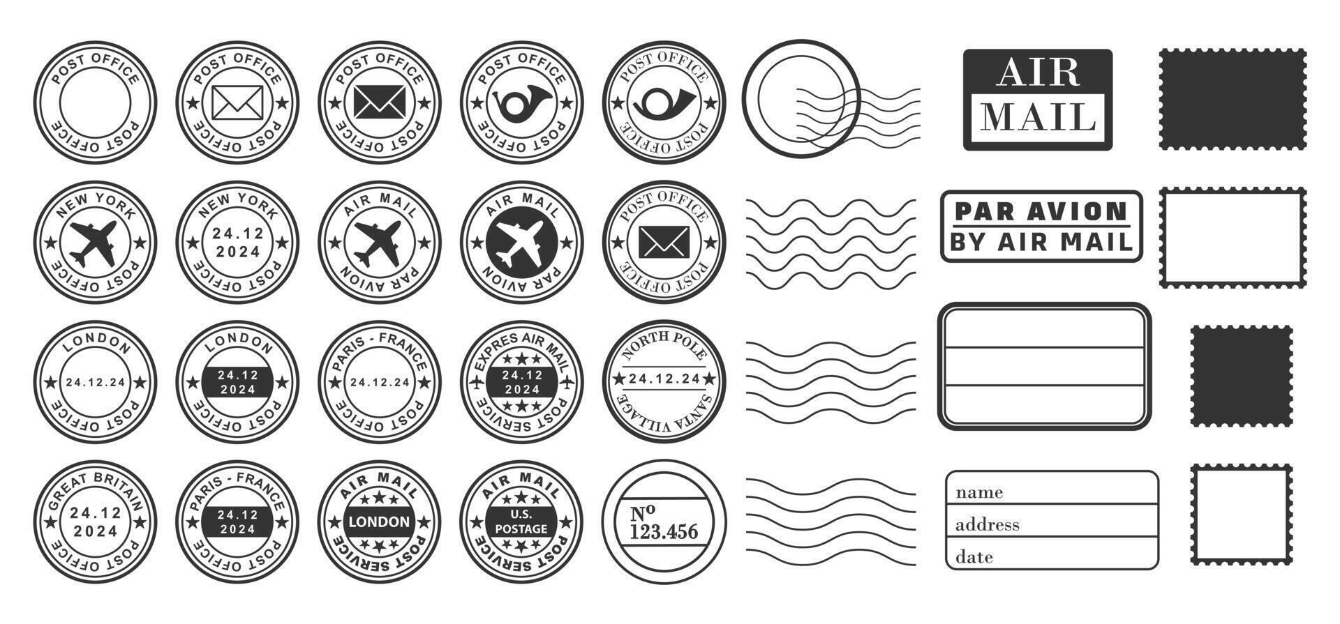 Postal Stamps frames icon shape set. Post Stamp ink rubber labels sign collection. Black round and square stamp border pack. illustration image. Isolated on white background. vector