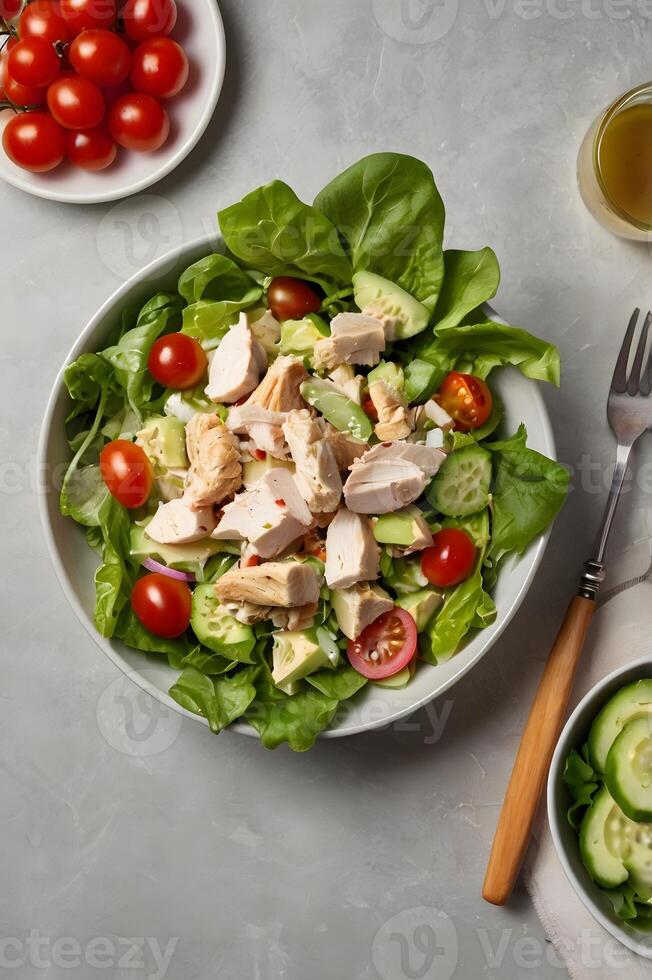 Healthy grilled chicken salad with fresh greens vegetables in gym studio. nutrition based protein meat diet meal for athletes and bodybuilder photo