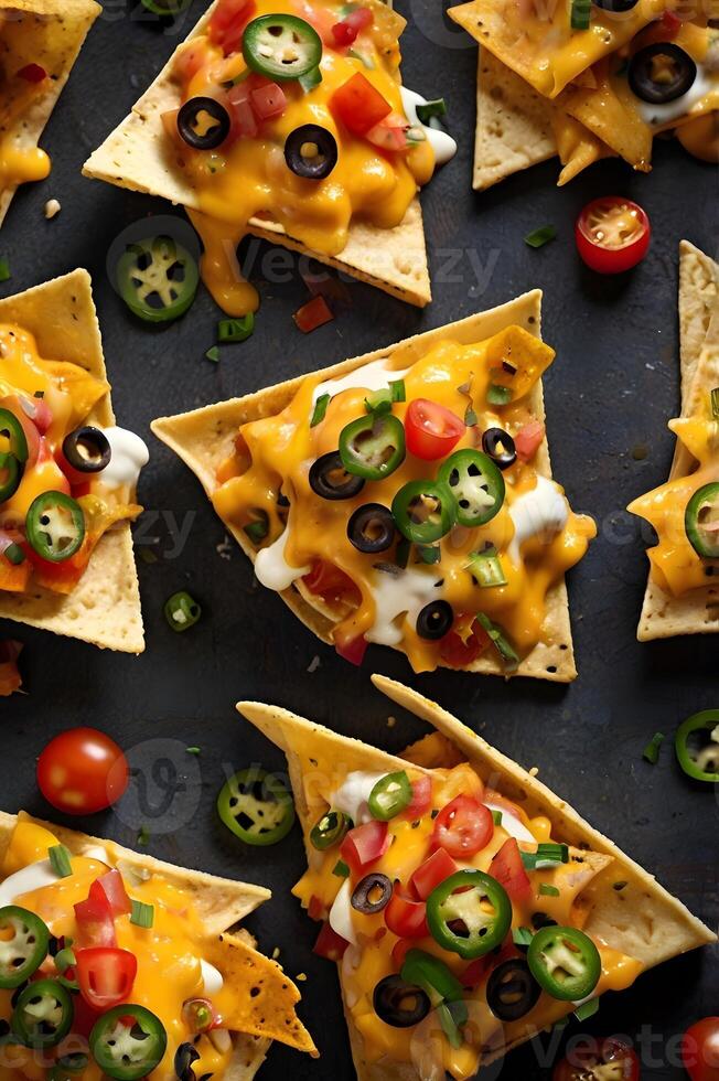 tasty cheesy crispy nachos with yellow cheese cream, sliced jalapeno, black olives tomatoes. yummy tortilla chips snack or party appetizer totopo Mexican dish photo
