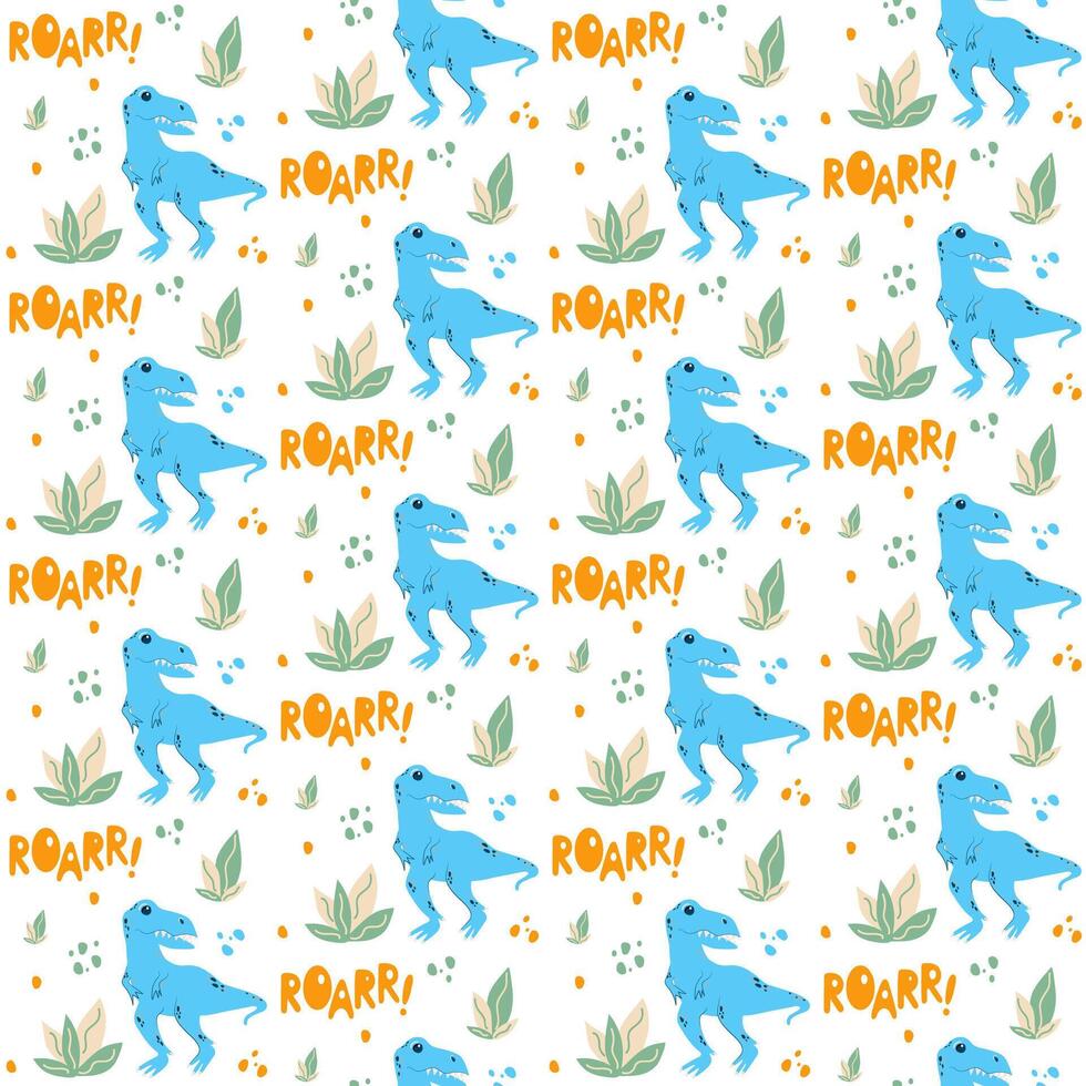 Seamless pattern with cute dino, dinosaur T Rex, Tyrannosaurus, abstract children background with ROAR text and bushes, grass vector