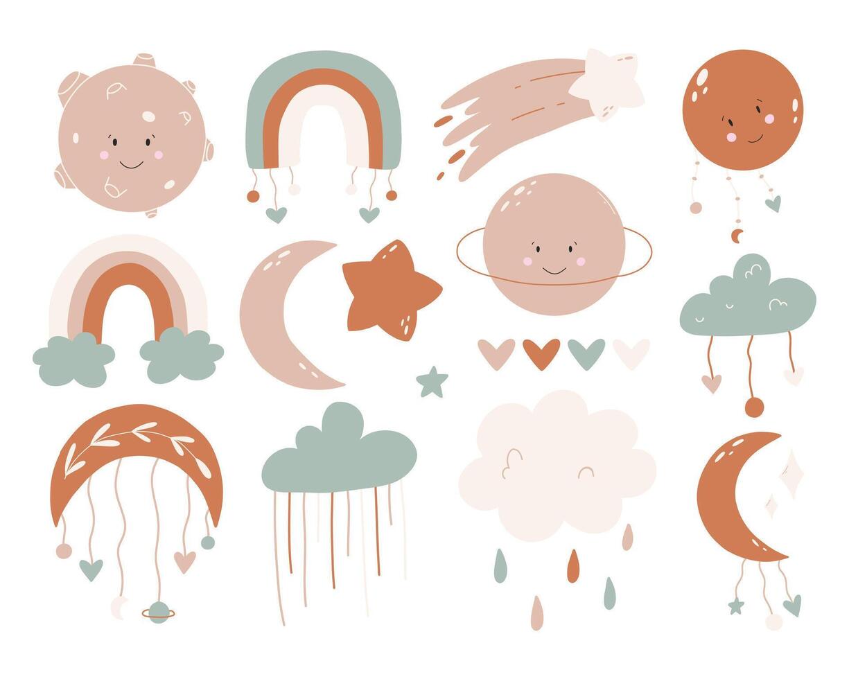 Set of cute boho baby objects in Scandinavian style. Boho style nursery decoration. hand drawn boho clipart for nursery decoration with cute rainbows and moon, sun, cloud. illustration vector