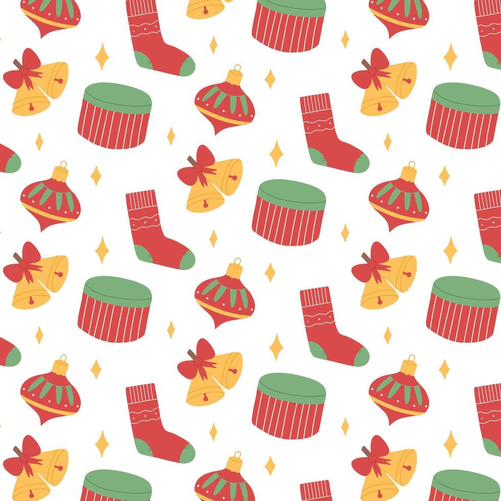 Seamless Christmas pattern. New Year and Christmas pattern with socks, bells and gifts. illustration. Flat style. vector
