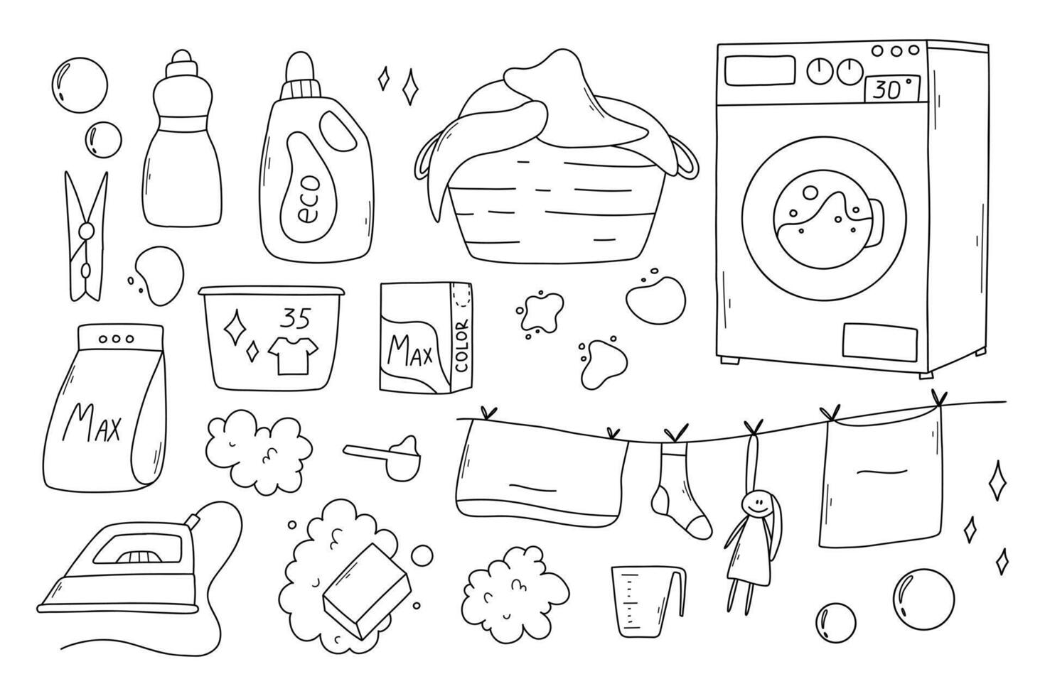 Set of laundry items in doodle style. Linear collection of laundry items. illustration. Isolated elements on a white background. vector
