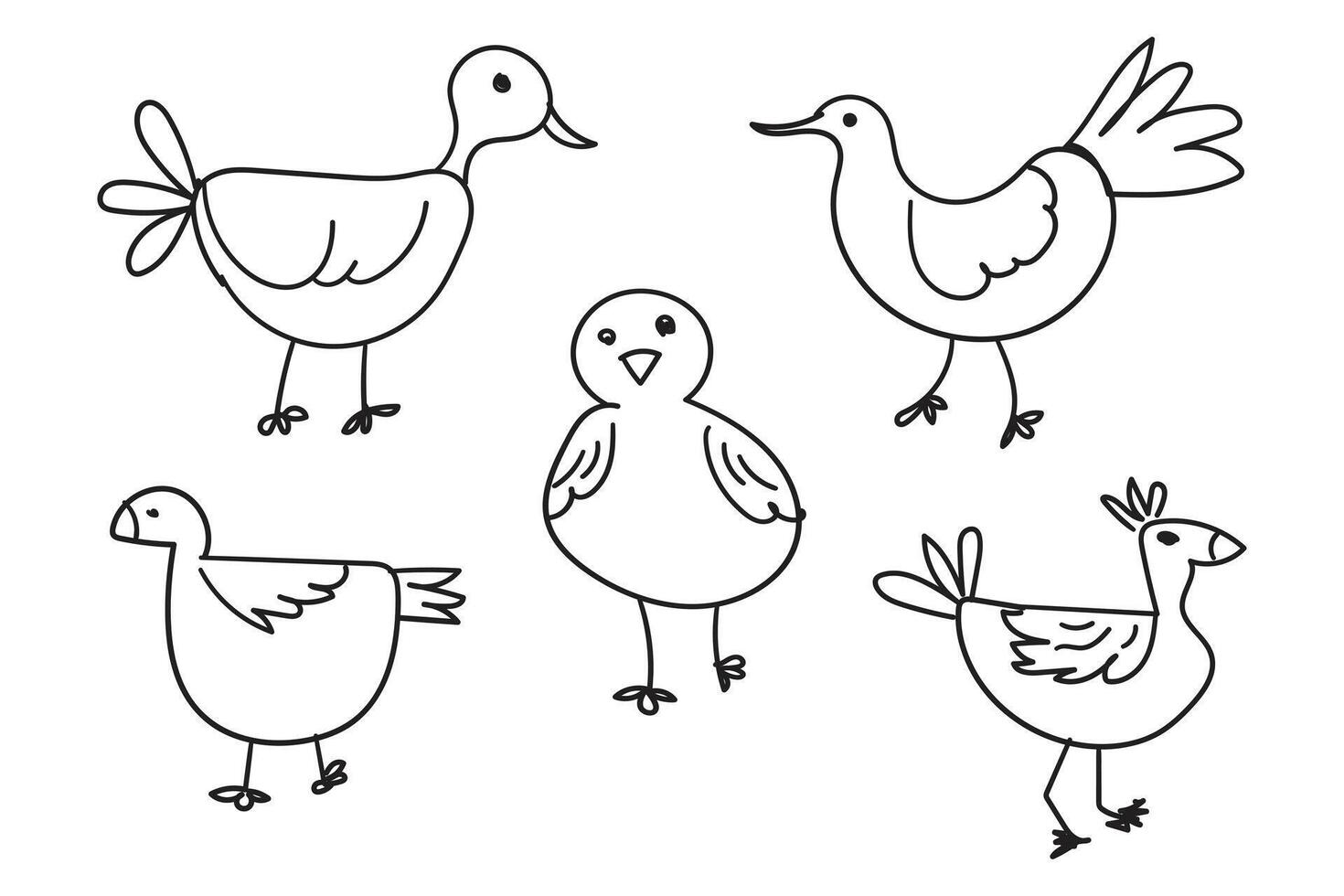 set of child hand drawn art of birds. vector