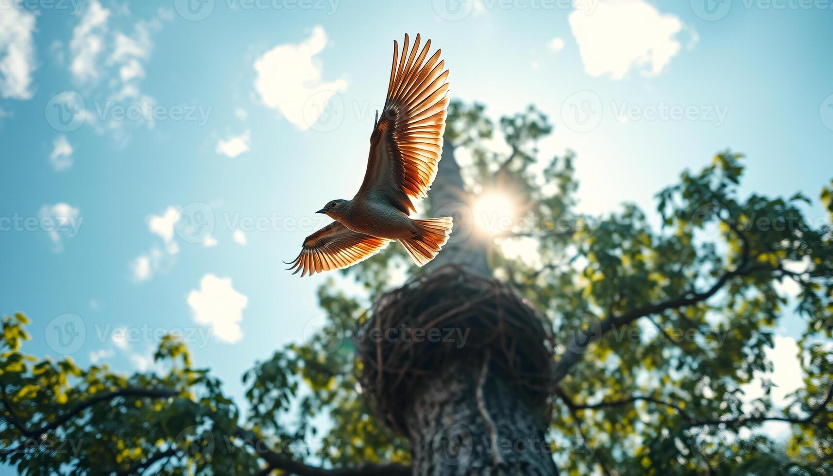 An eagle flies over a nest in the sky photo