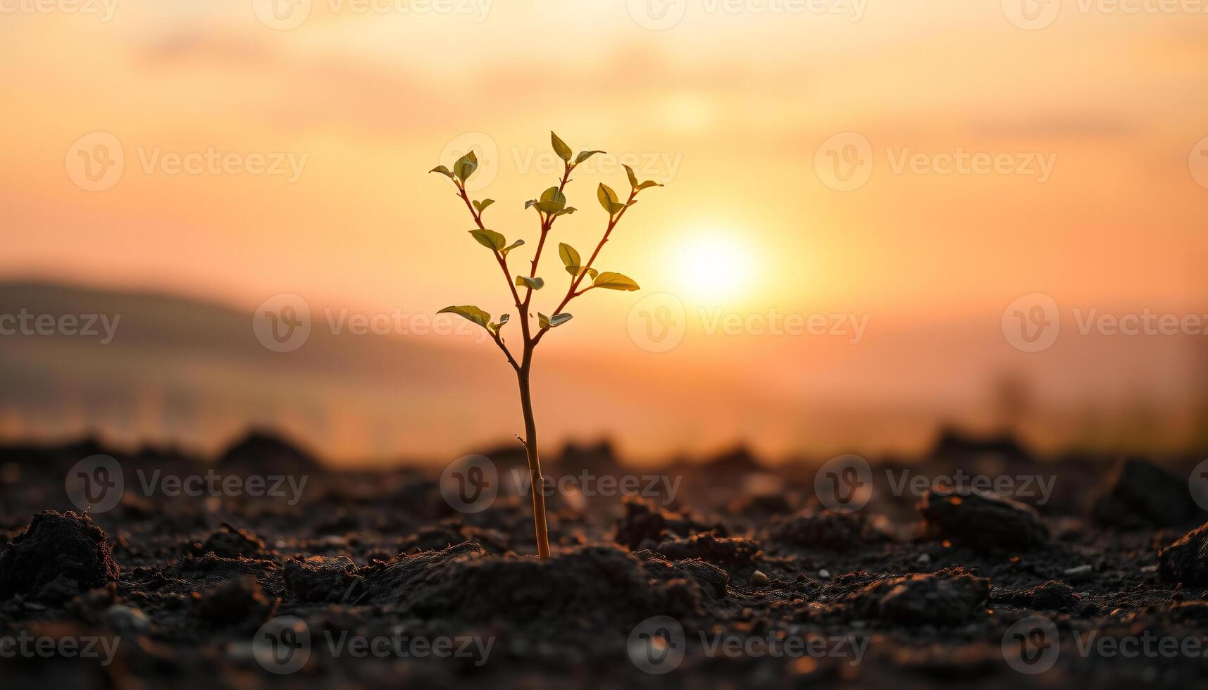 A young plant sprouting from the ground in the middle of a field photo
