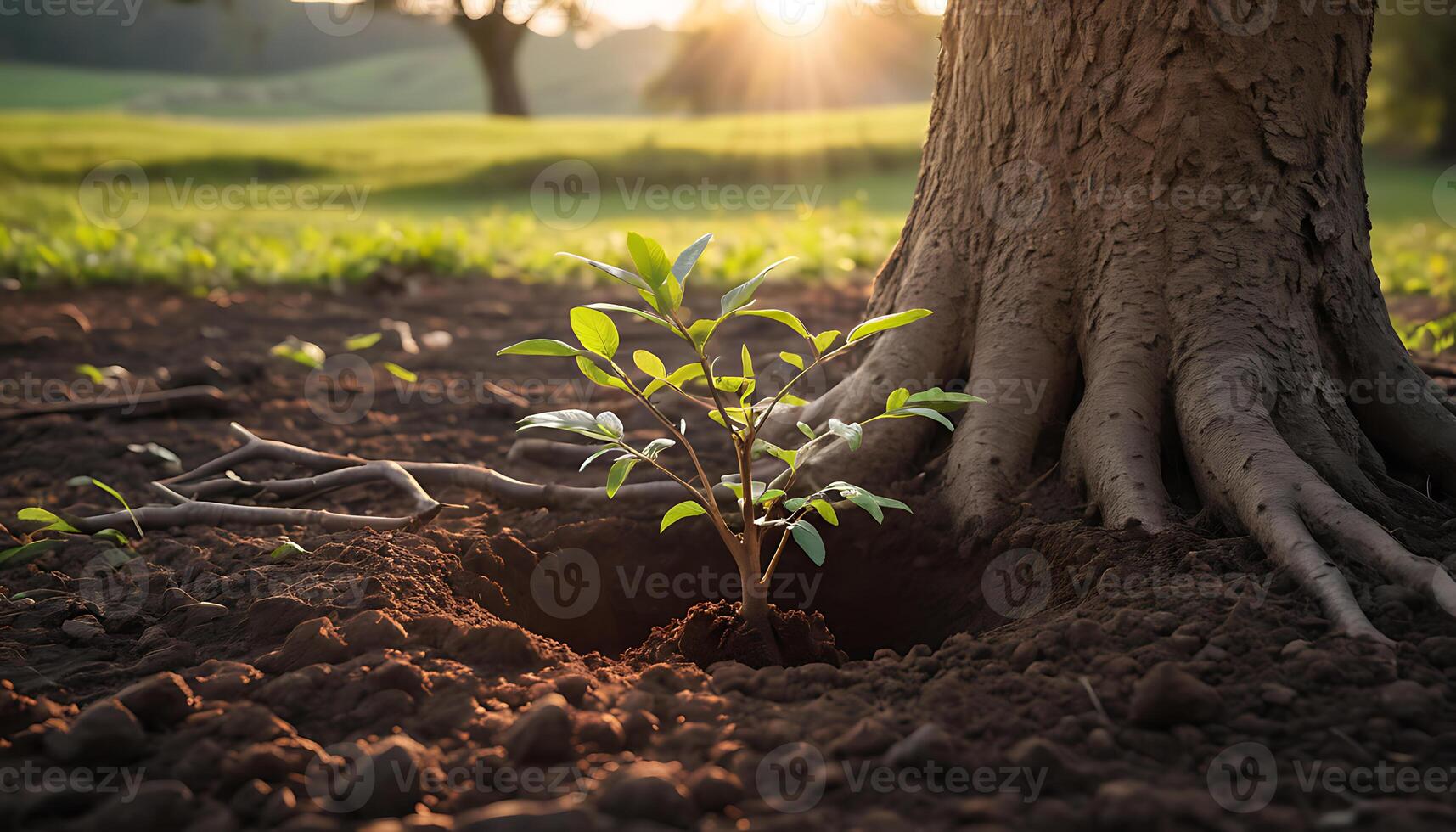 A small plant growing in the ground near a tree photo