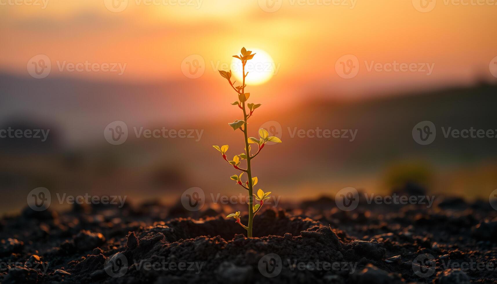 A plant sprouting from the ground in the middle of a field photo