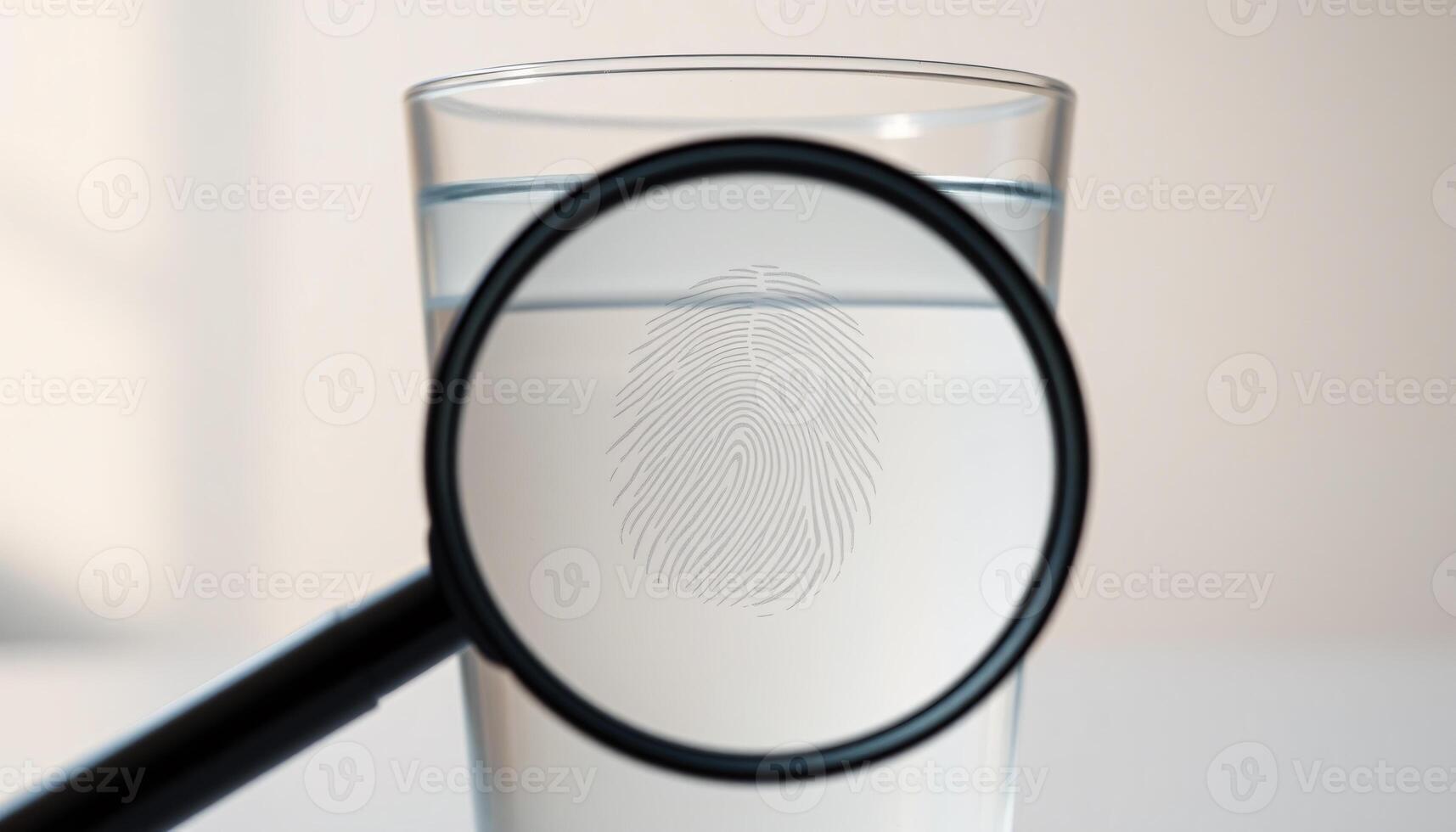 A magnifying glass is next to a glass of water photo