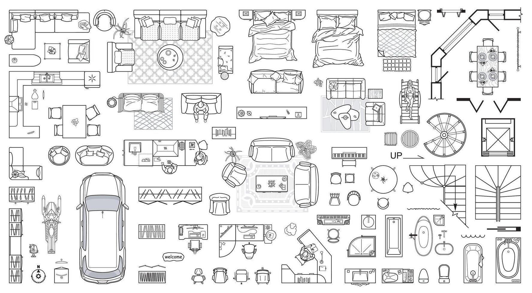 Collection of furniture and equipment top view for house plan. Interior icons set for bathrooms and living room, kitchen and bedroom, view from above. Apartment floor plan vector