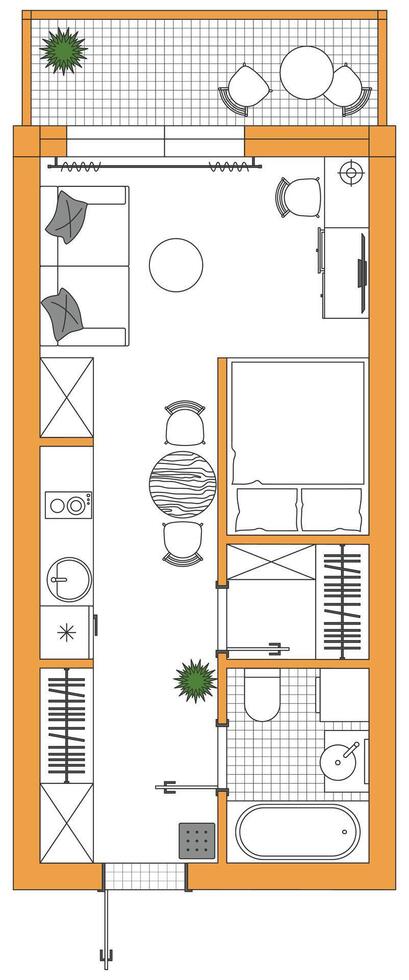 Apartment floor plan. Architecture micro studio plan of condominium, flat, house. Interior design of kitchen, living room, bedroom and bathroom. Furniture elements set. 2D top view room layout vector