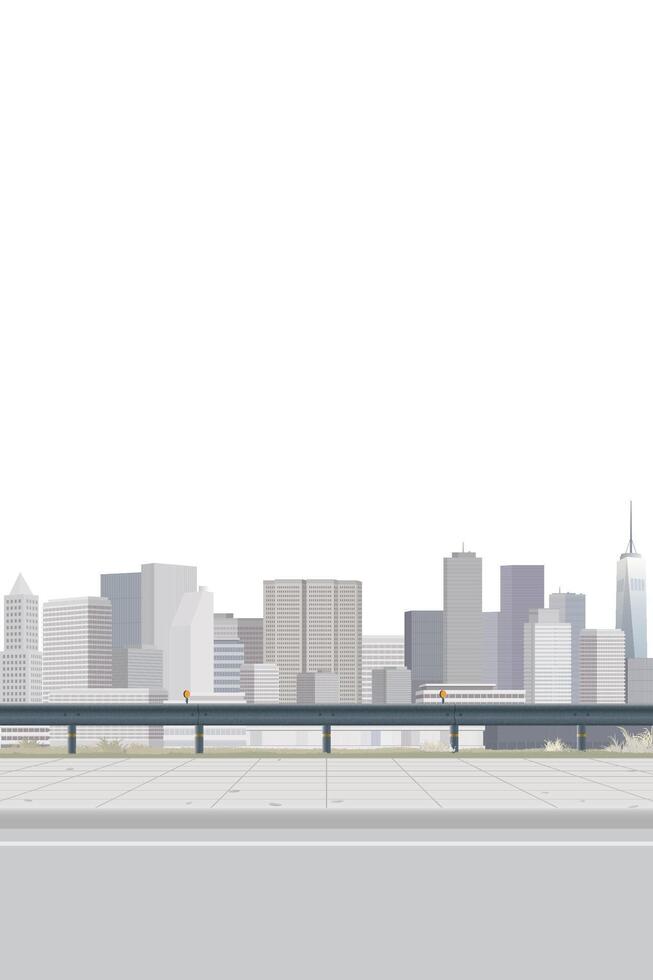 Cityscape isolated view from sidewalk have skyscraper behind on white background vertical template graphic illustration. vector