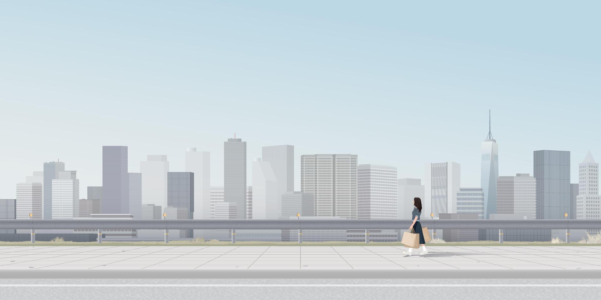 Cityscape with a woman holding a lot of shopping bags walking on the sidewalk have skyscraper and blue sky background graphic illustration. vector