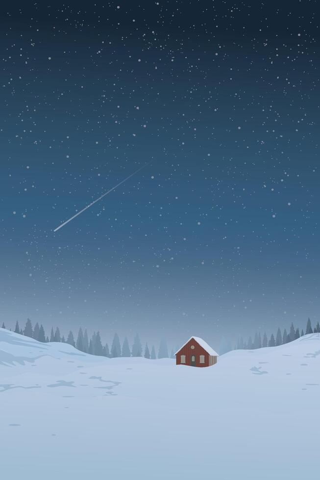 Winter landscape at night with lonely country house covered by white snow have silhouette pine forest and starry sky vertical background graphic illustration. vector