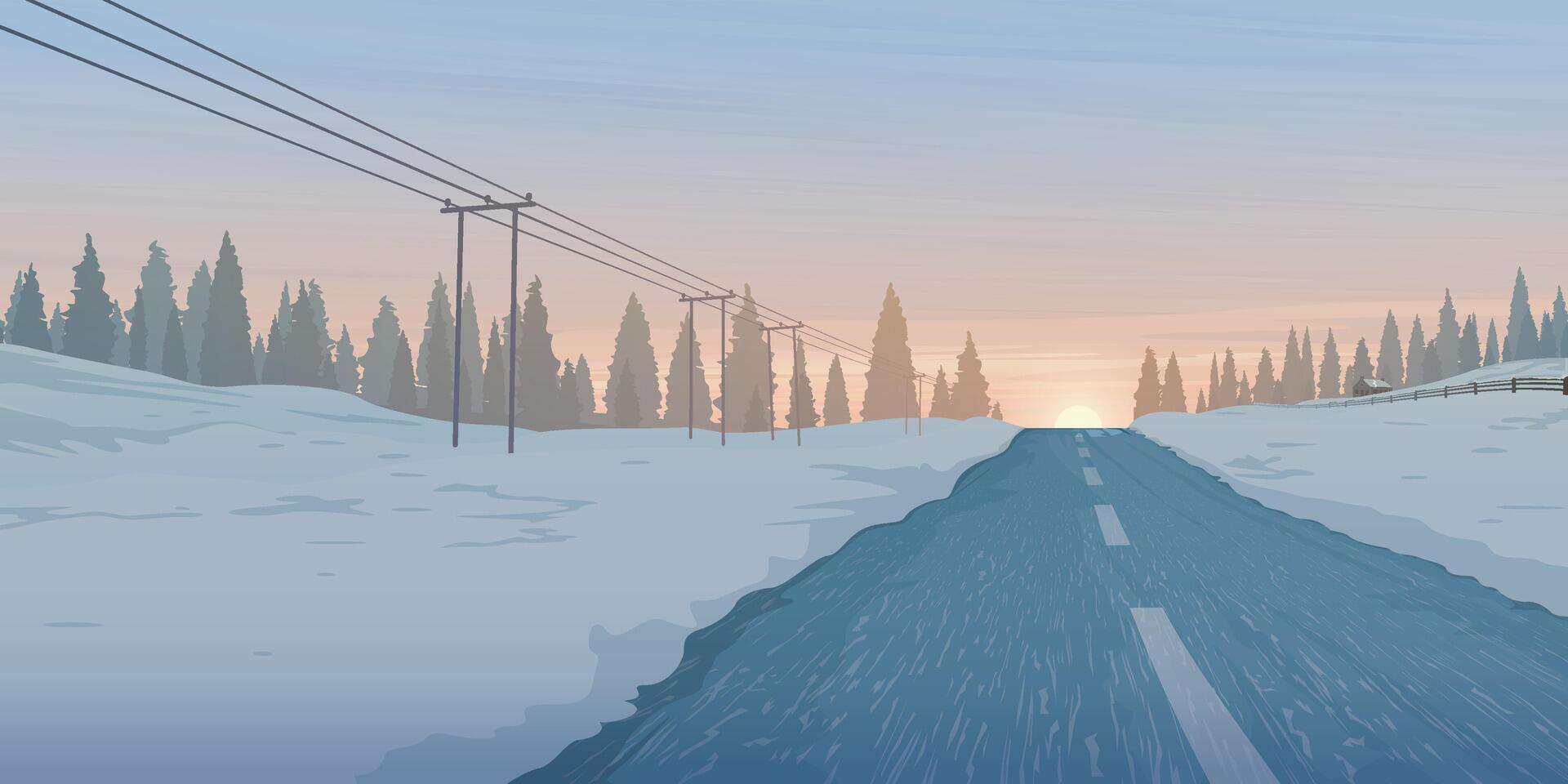 Sunset at local road through the countryside landscape covered by snow have silhouette pine forest and vanilla sky background graphic illustration. vector