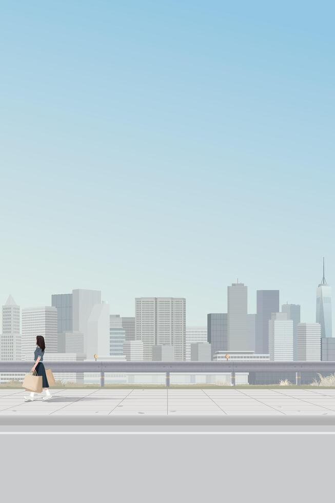 Cityscape with a woman holding a lot of shopping bags walking on the sidewalk have skyscraper and blue sky vertical background graphic illustration. vector