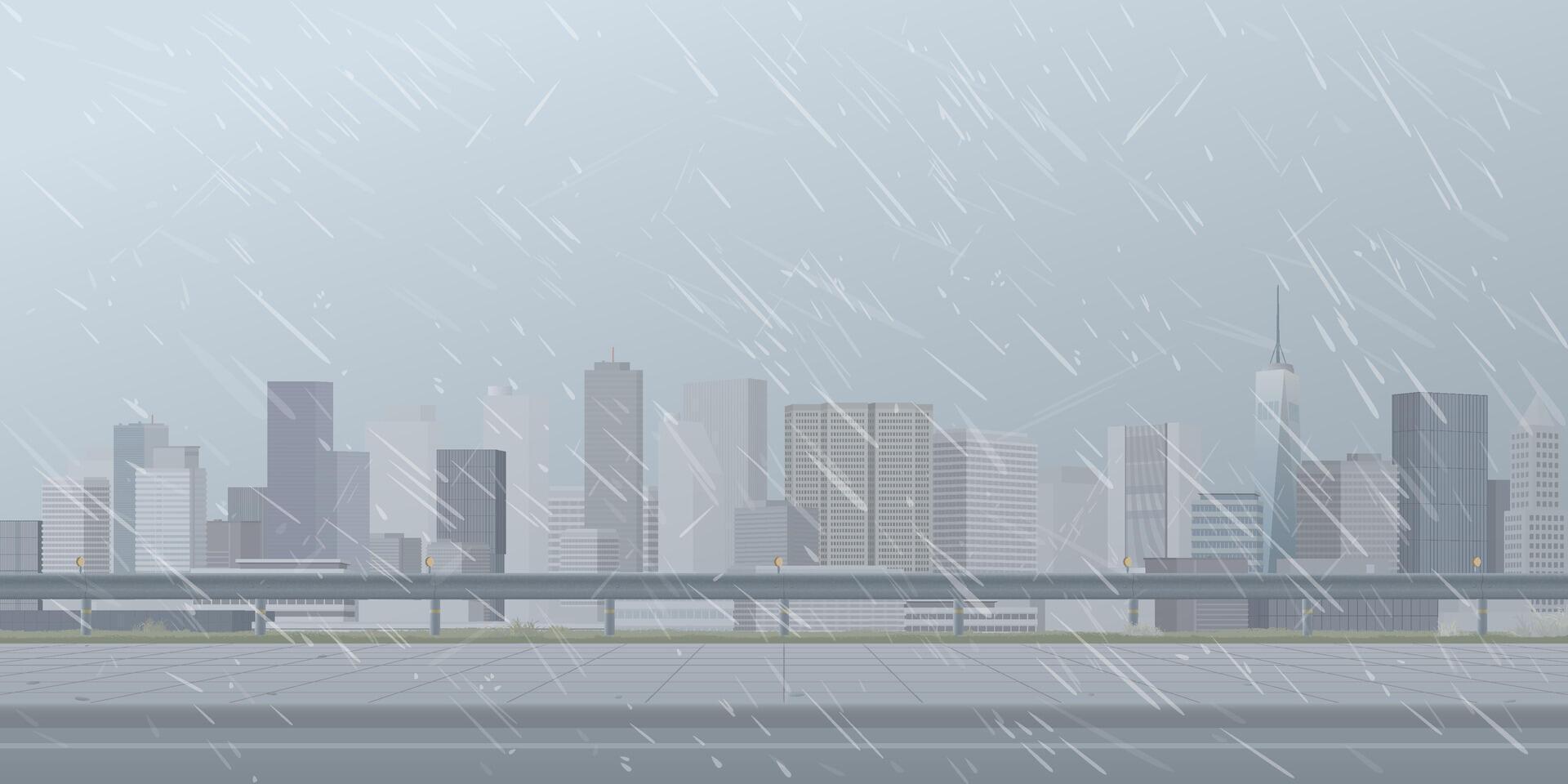 Cityscape in rainy day view from sidewalk have skyscraper and dusk sky background graphic illustration. vector