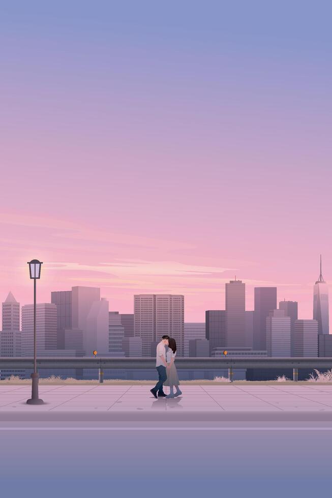 Cityscape view from sidewalk with couple of lover kissing have silhouette skyscraper and dramatic sky vertical background graphic illustration. vector